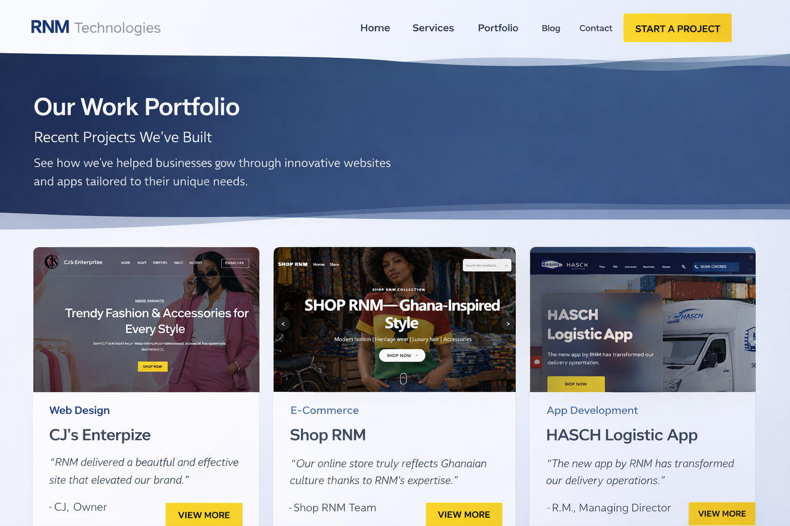 RNM Technologies portfolio showing client brand and website projects